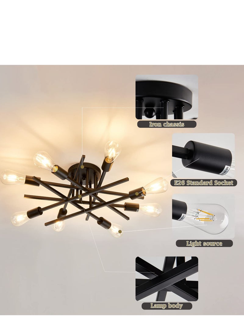 Semi Flush Mount Modern Ceiling Light Fixture, 6 Lights Black Vintage Matte Sputnik Chandelier Ceiling Lamp  for Farmhouse Dining Room Living Room Bedroom Study Kitchen