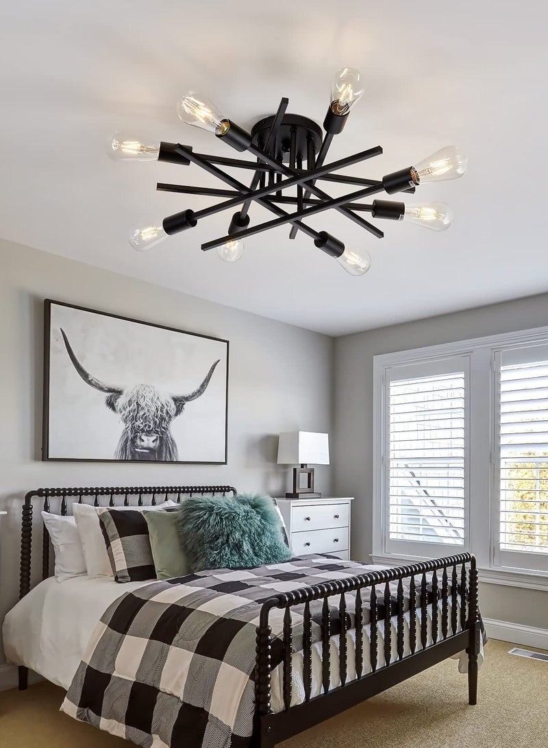 Semi Flush Mount Modern Ceiling Light Fixture, 6 Lights Black Vintage Matte Sputnik Chandelier Ceiling Lamp  for Farmhouse Dining Room Living Room Bedroom Study Kitchen