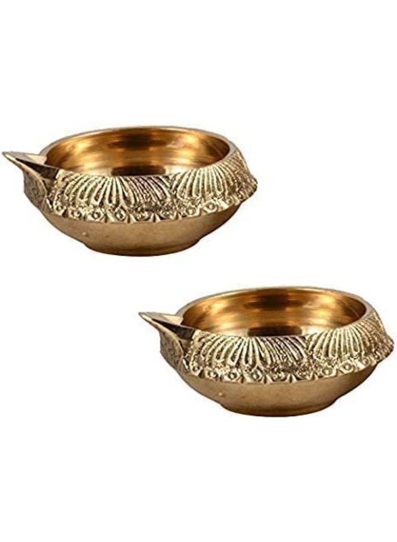 Handmade Set of 2 Indian Puja Brass Oil Lamp Golden Diya Lamp Engraved Design Dia