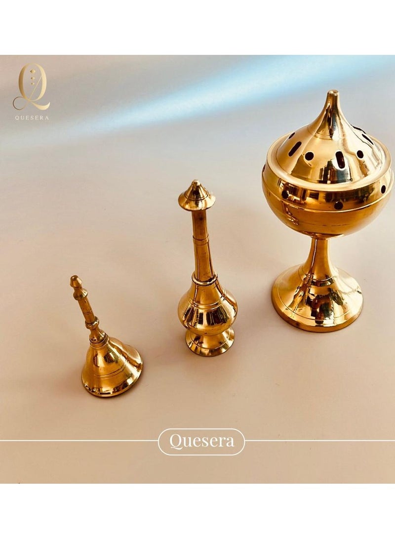 Quesera Brass Pooja bell, Rose water sprinkler and Oil Lamp gift set for diwali/House warming gift.