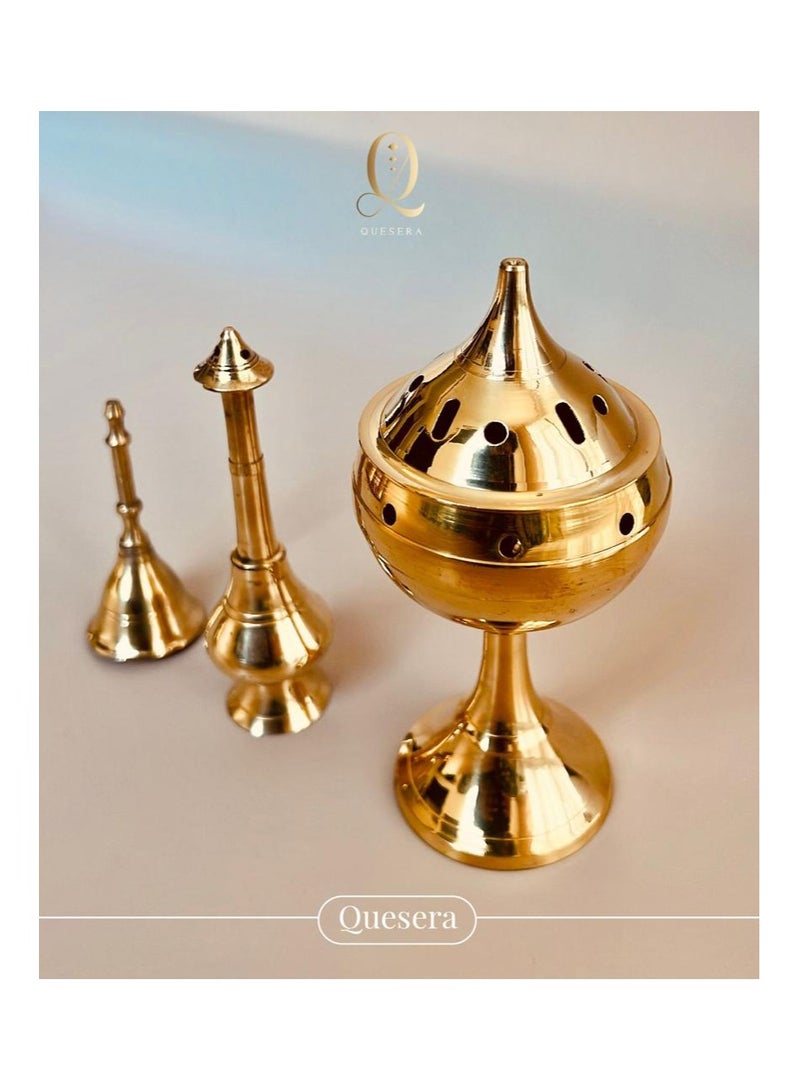 Quesera Brass Pooja bell, Rose water sprinkler and Oil Lamp gift set for diwali/House warming gift.