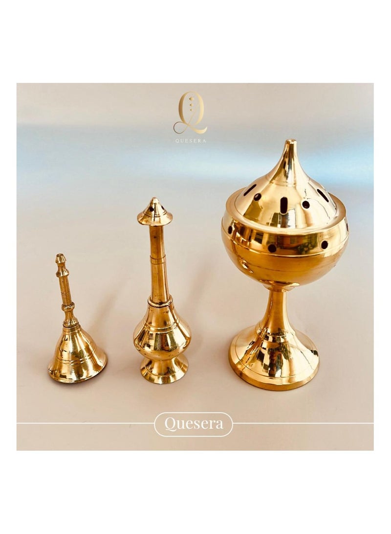 Quesera Brass Pooja bell, Rose water sprinkler and Oil Lamp gift set for diwali/House warming gift.