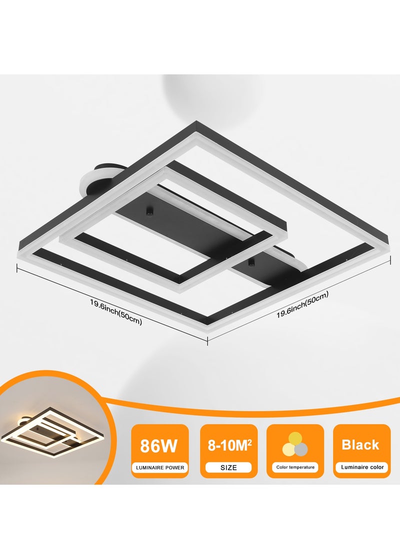 Black Ceiling Light Fixture 50cm Square Modern LED Ceiling Light 86W Flush Mount Dimmable Ceiling Light for Hallway Living Room Dining room Kitchen Hall and Bedroom Acrylic Ceiling Lamps