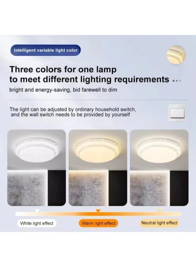 Flush Mount Double Layer Crystal Ceiling Lamp, 3-color Modern Simple LED Ceiling Light for Bedroom Living Room Dining Room