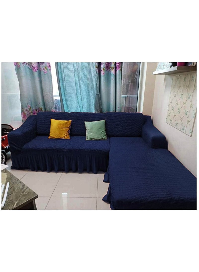 Stretchable L Shape Sofa Cover Corner Couch Cover 6 Seater Free Size Fits on Different Models of Sofa 4 to 6 Meter Length Navy Blue