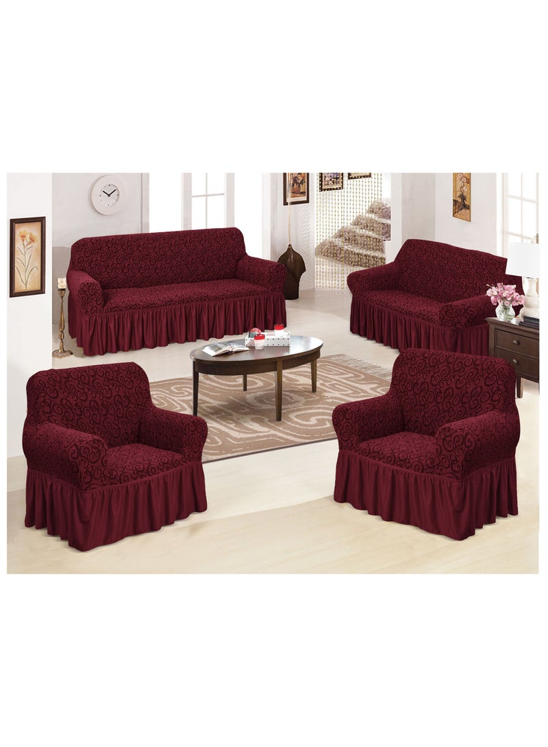 4-Piece Stretchable Sofa Cover Set Woven Jacquard Seven Seater Couch Cover Set 3211 Combination Maroon