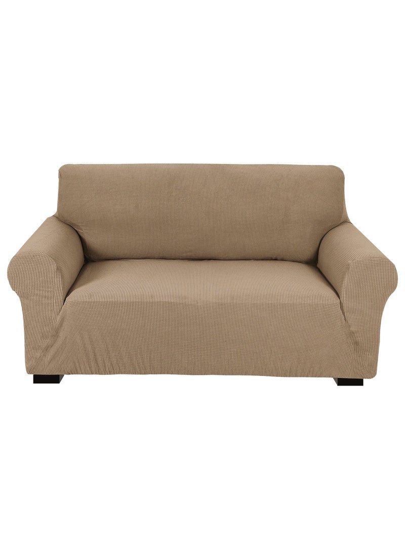 Stretch Fit 2-Seater Sofa Cover Soft Brushed Fabric Couch Cover Exquisitely Full Coverage Furniture Protector Slipcover Two Seater Fits on Standard and Recliner Sofa 145-178cm Size Sand Beige