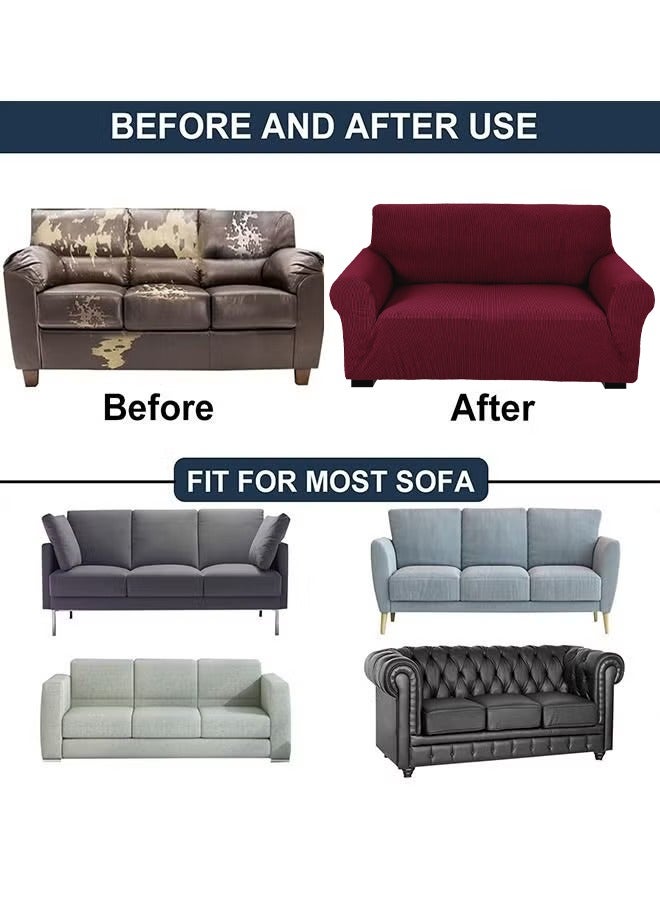 High Stretch 3-Seater Sofa Cover Soft Brushed Fabric Couch Cover Exquisitely Full Coverage Furniture Protector Slipcover Three Seater Fits on Standard and Recliner Sofa 185-235cm Size Burgundy