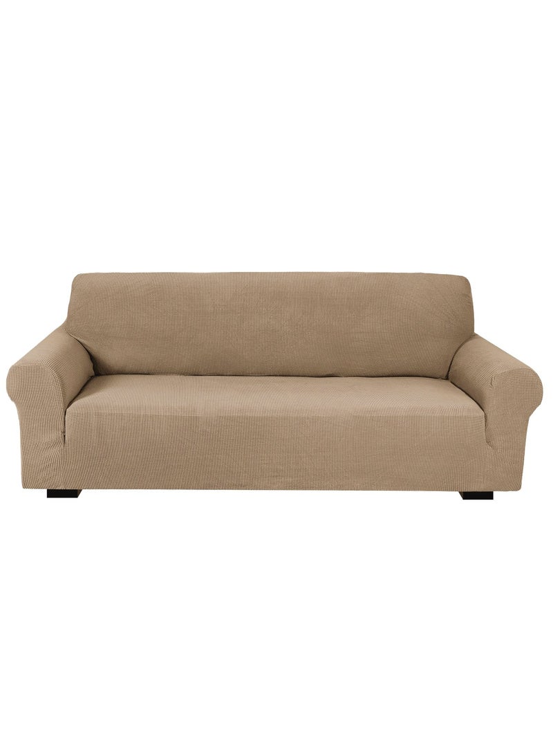 Stretch Fit 3-Seater Sofa Cover Soft Brushed Fabric Couch Cover Exquisitely Full Coverage Furniture Protector Slipcover Three Seater Fits on Standard and Recliner Sofa 185-235cm Size Sand Beige