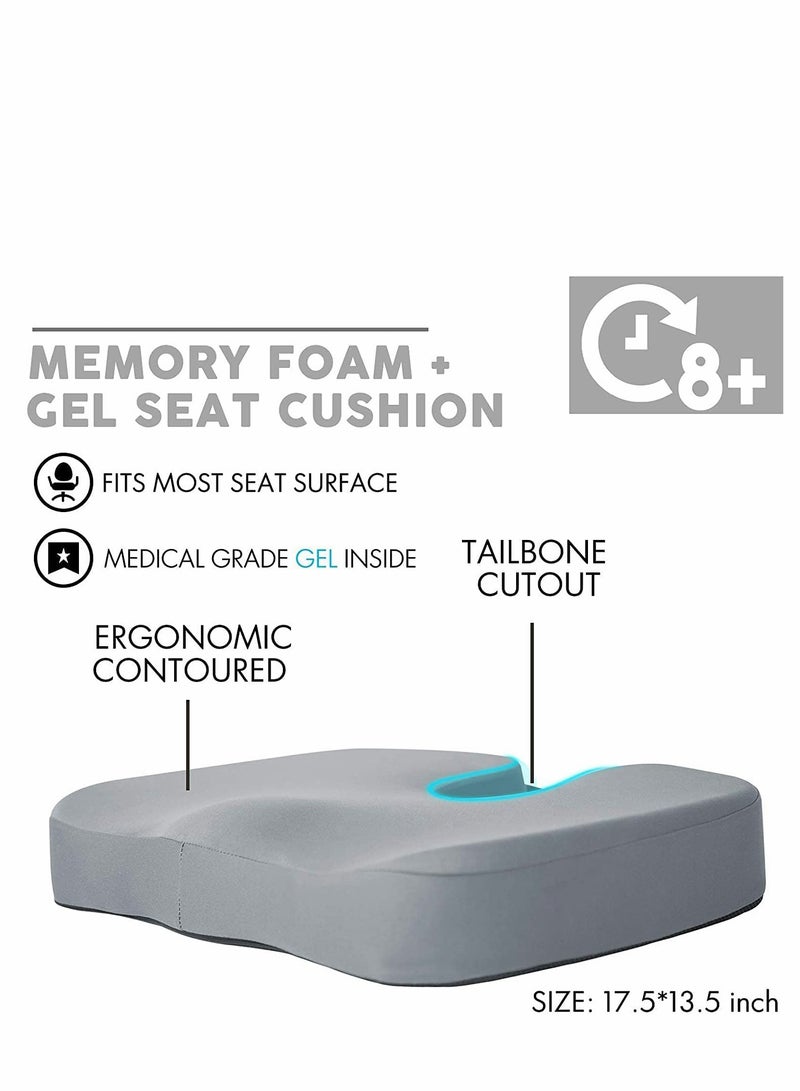 Gel Seat Cushion for Long Sitting Enhanced Office Chair Pillow, Back Support Cushion, Memory Foam Desk Pad, Gray