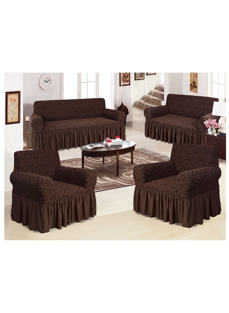 4-Piece Stretchable Sofa Cover Set Jacquard Fabric Seven Seater Couch Cover Set 3211 Combination Chocolate Brown