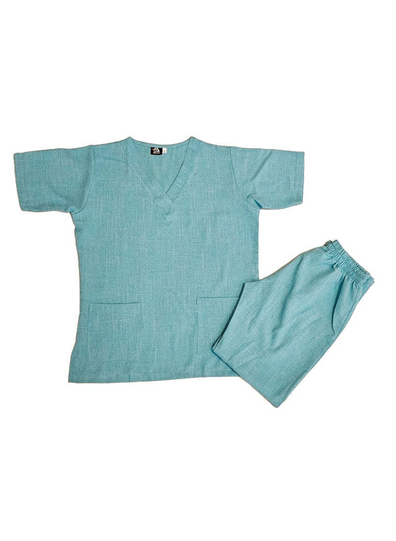 Melange Scrub Suit Uniform Unisex Cyan V-Neck Nurse Suit Set