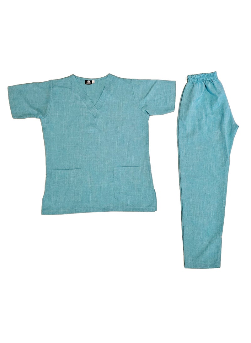 Melange Scrub Suit Uniform Unisex Cyan V-Neck Nurse Suit Set