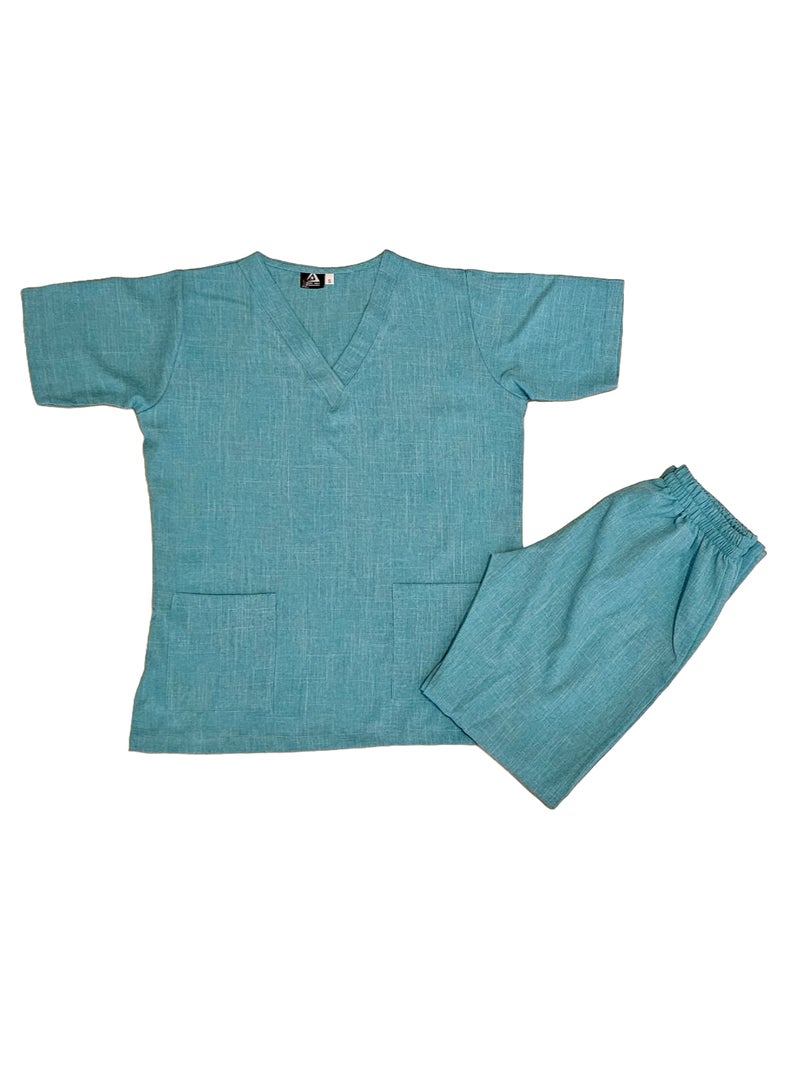 Melange Scrub Suit Uniform Unisex Cyan V-Neck Nurse Suit Set