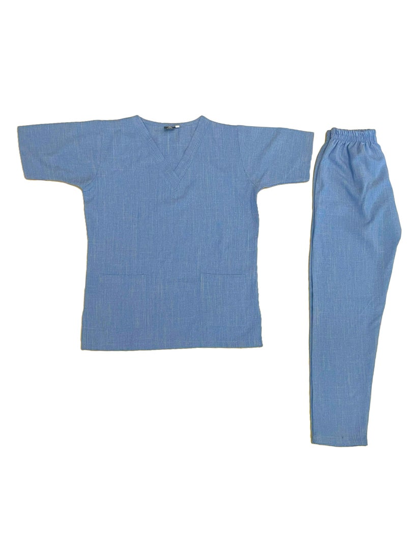 Melange Scrub Suit Uniform Unisex Blue V-Neck Nurse Suit Set