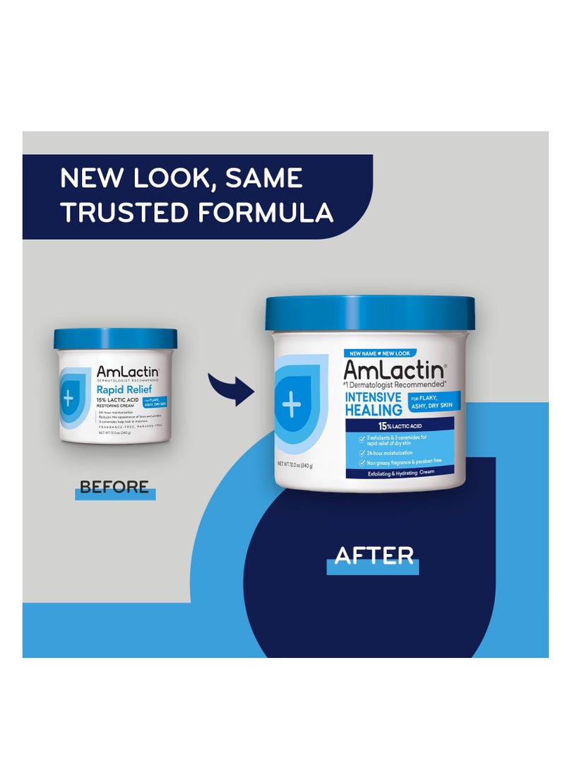 AmLactin Intensive Healing Body Cream – 12 oz Tub – 2-in-1 Exfoliator and Moisturizer for Dry Skin with 15% Lactic Acid and Ceramides for 24-Hour Moisturization