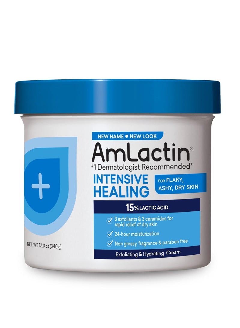 AmLactin Intensive Healing Body Cream – 12 oz Tub – 2-in-1 Exfoliator and Moisturizer for Dry Skin with 15% Lactic Acid and Ceramides for 24-Hour Moisturization