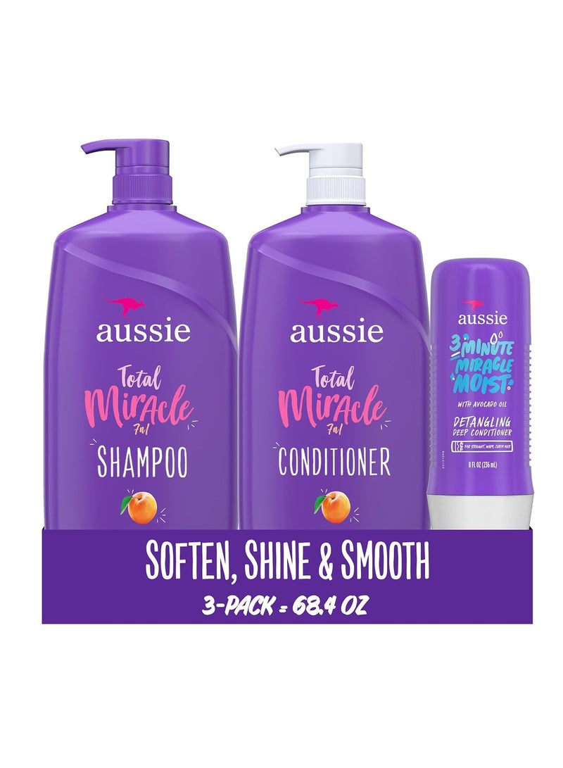 Aussie Total Miracle Hair Care Bundle: Shampoo, Conditioner, and 3 Minute Deep Treatment with Apricot & Macadamia Oil, Paraben-Free for Damaged Hair, 26.2 & 8 Fl Oz