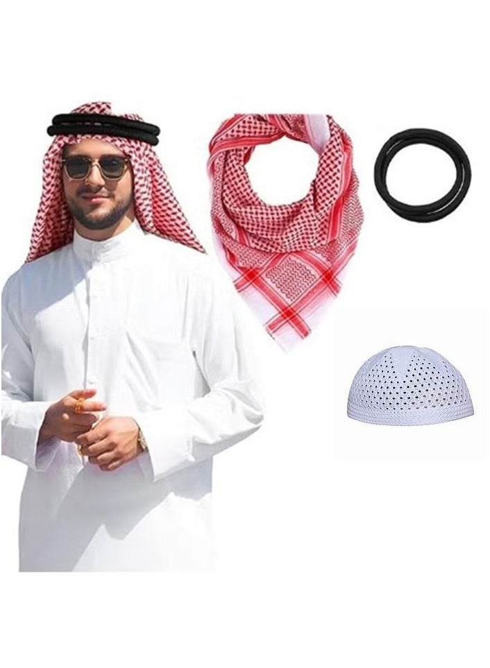 Arab Head Scarf with Lgal Aqel Rope and prayer cap 3 Piece Mens Middle East Desert Shemagh Wrap Arab Costume