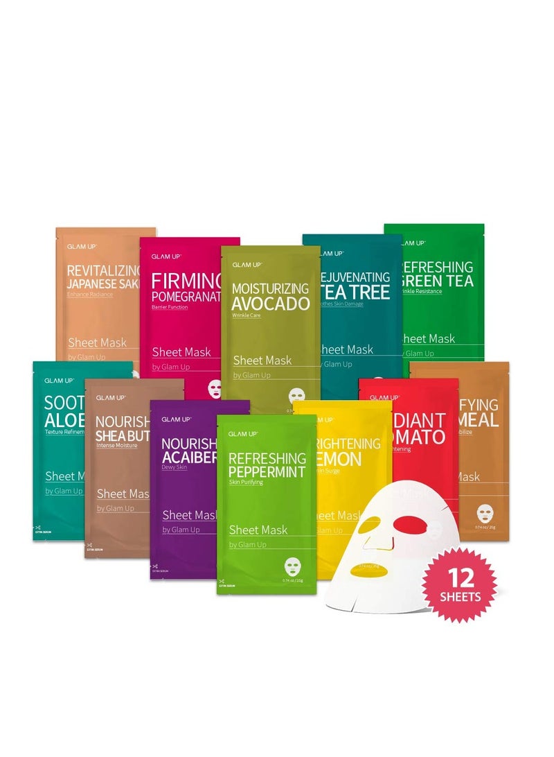 GLAM UP Premium Facial Sheet Mask 12 Combo (Pack of 12) | Clean Face Masks Skincare, Hydrating Face Masks, Moisturizing, Soothing, Beauty Mask For All Skin Type Variety Beauty Mask Set