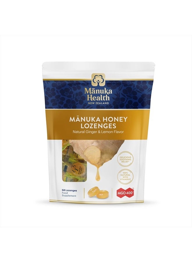 Manuka Honey Lozenges – 58 Lemon and Ginger Flavored Lozenges – Natural Throat Lozenges Infused with Raw Manuka Honey and Vitamin C for Immune Support