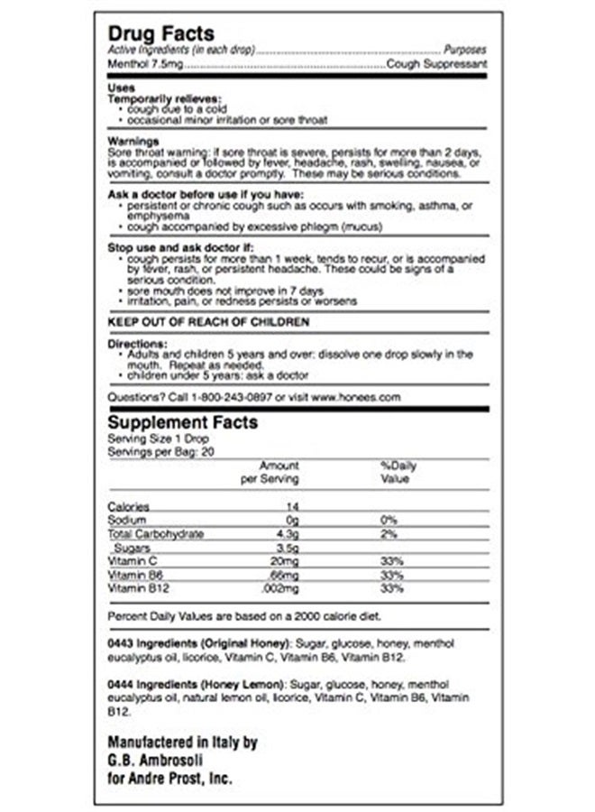 Honey Lemon Cough Drops - 20-Piece, Single Pack Honey-Filled Lozenges | Temporary Relief from Cough | Soothes Sore Throat | All Natural