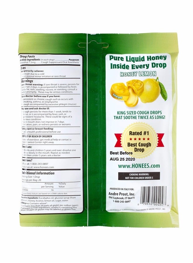 Honey Lemon Cough Drops - 20-Piece, Single Pack Honey-Filled Lozenges | Temporary Relief from Cough | Soothes Sore Throat | All Natural