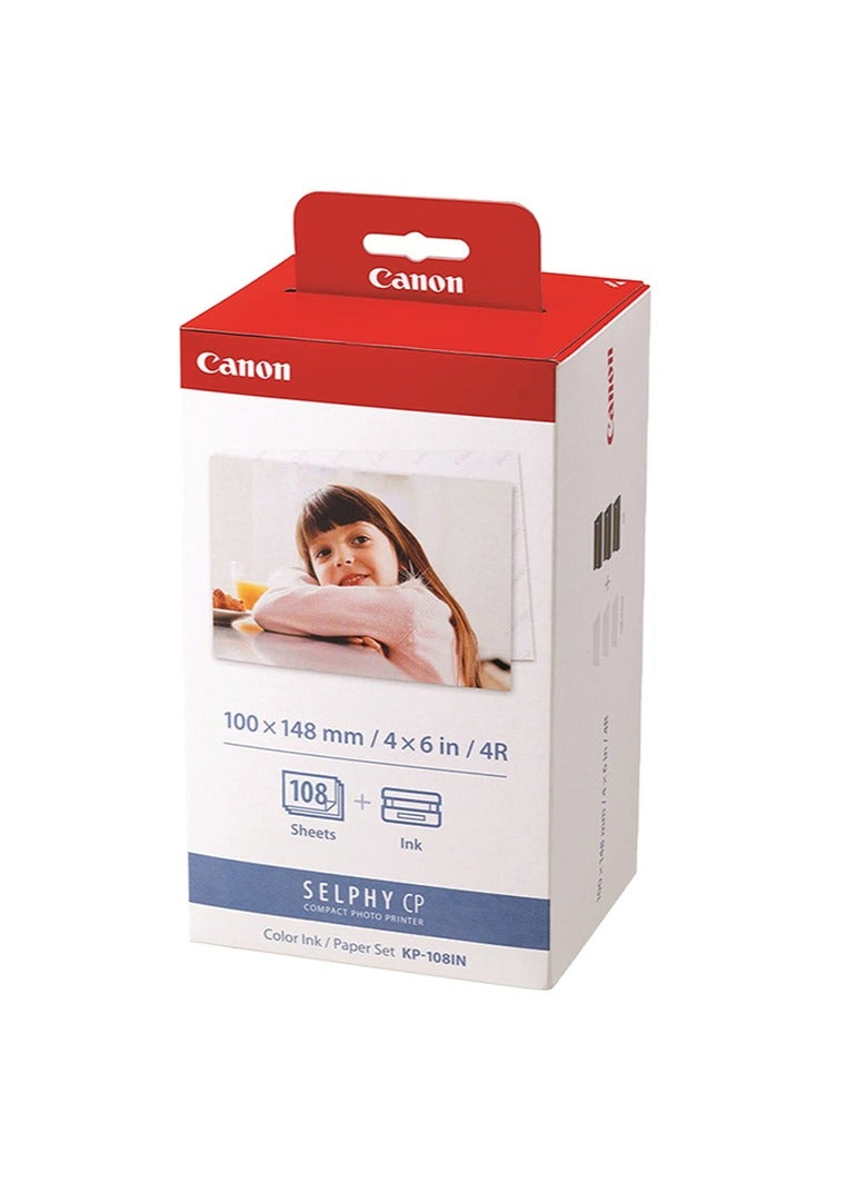 Canon KP-108IN Color Ink Paper Set for Canon Selphy CP910/CP810 Photo Printer, 108 Sheets, White