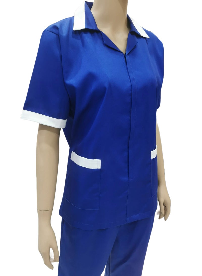 Maid Uniform with Zipper Top and Pants Royal Blue Domestic Helper Uniform
