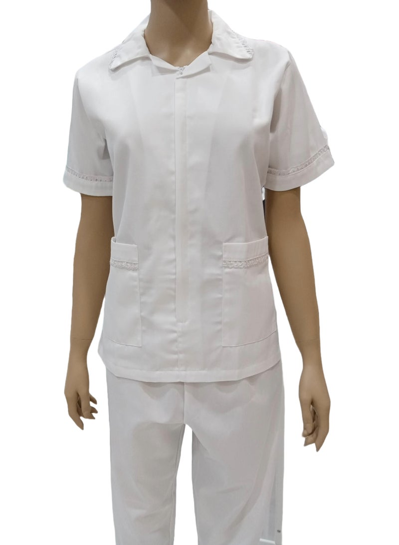 Maid Uniform with Zipper Top and Pants White Domestic Helper Uniform