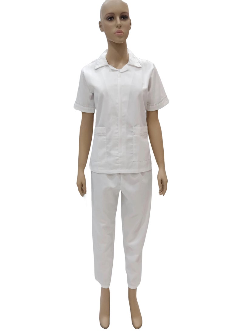Maid Uniform with Zipper Top and Pants White Domestic Helper Uniform