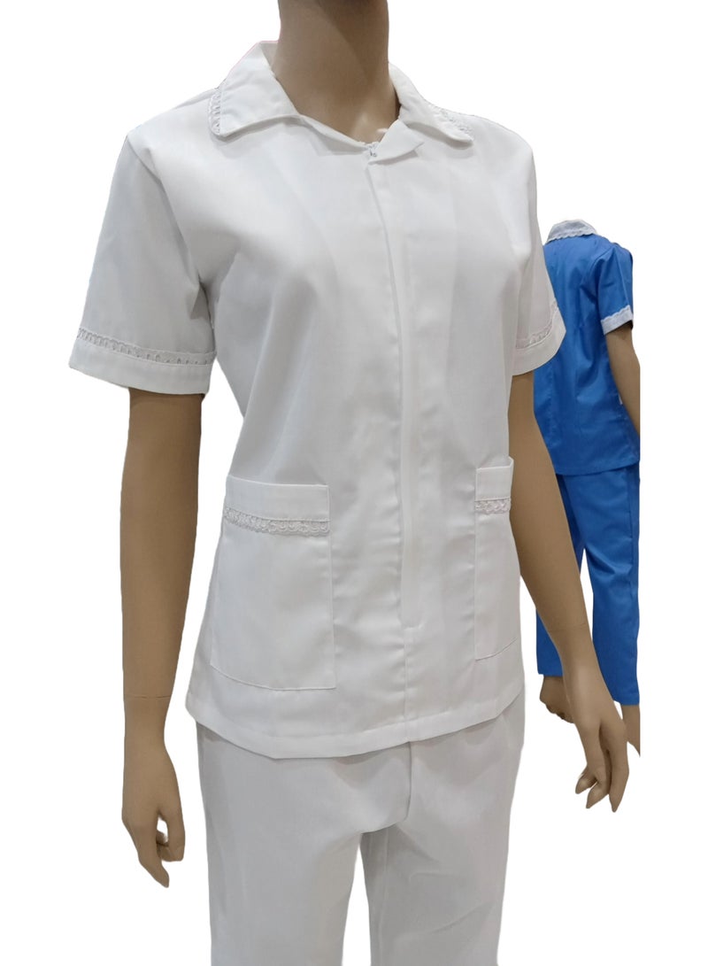 Maid Uniform with Zipper Top and Pants White Domestic Helper Uniform