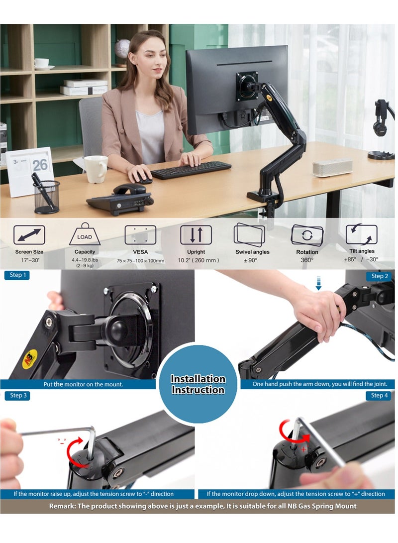 Full Motion Swivel Monitor Arm with Gas Spring for 17-30''Monitors(Within 4.4lbs to 19.8lbs),Monitor Desk Mount Computer Monitor Stand F80