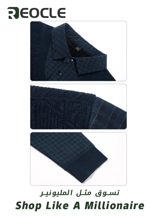 Men's Knit Thick Business Shirt with Retro Pattern Pullover Knit Sweater Versatile Kintted Cardigan Sweater Warm and Cozy Brown
