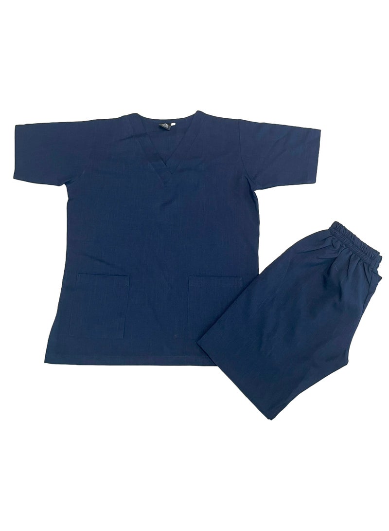 Melange Scrub Suit Uniform Unisex Navy Blue V-Neck Nurse Suit Set