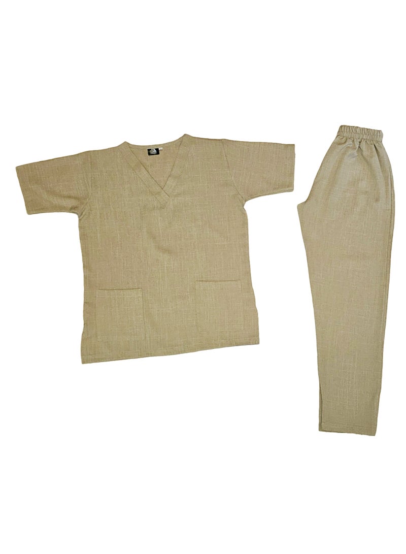 Melange Scrub Suit Uniform Unisex Beige V-Neck Nurse Suit Set