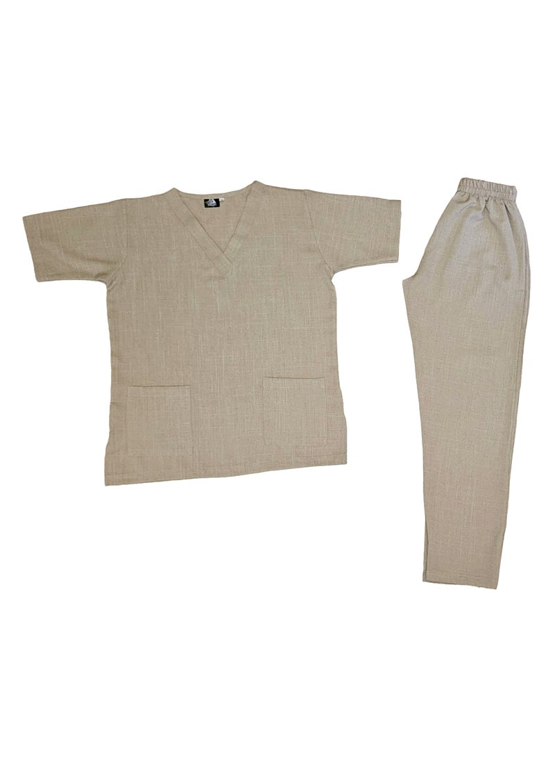 Melange Scrub Suit Uniform Unisex Beige V-Neck Nurse Suit Set