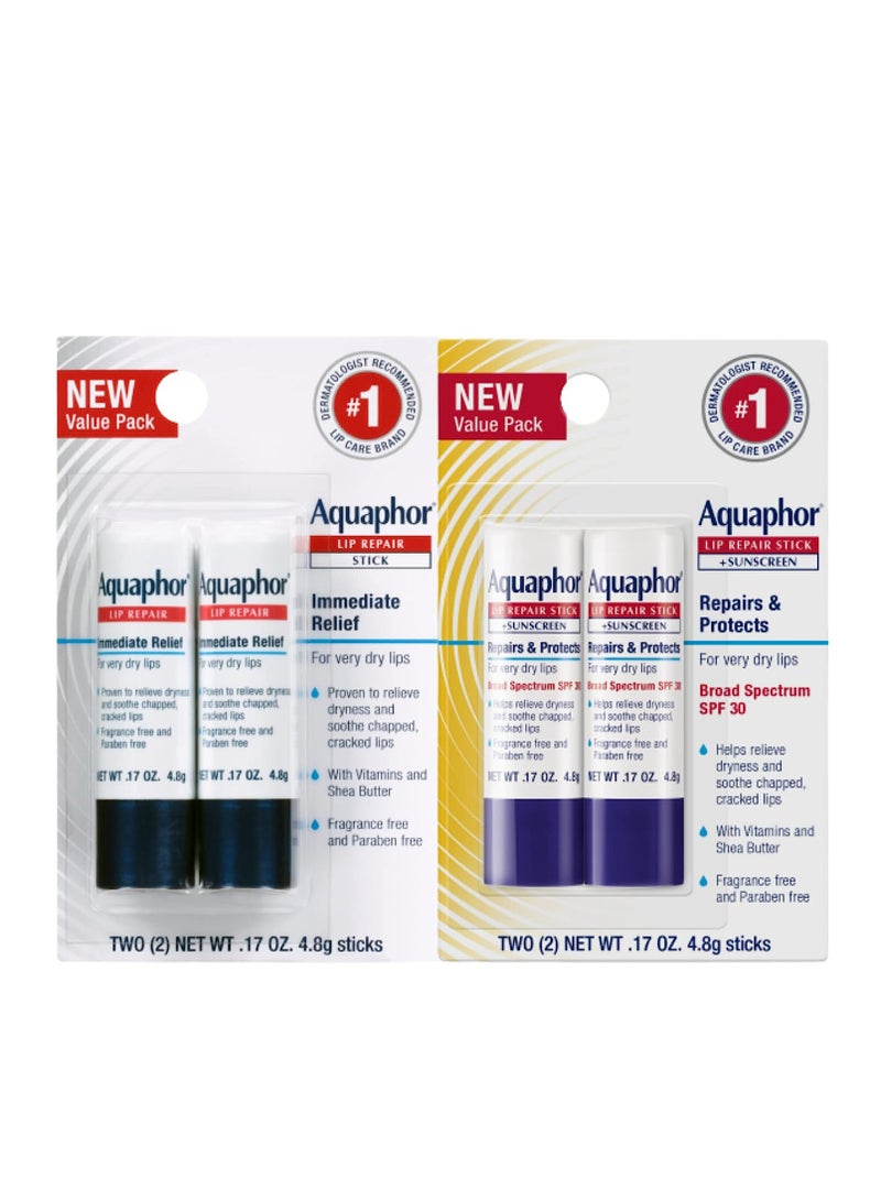 Aquaphor Lip Repair, Moisturizing Lip Balm Multipack (2 Repair sticks + 2 Repair & Protect SPF 30 sticks)