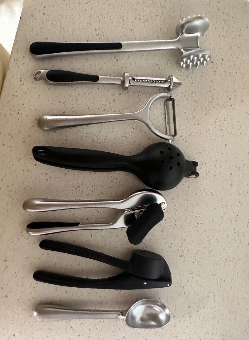 7 Piece Kitchen Gadgets Set with  peeler, Can opener, Beef Hammer, Ice Cream Spoon,Three head Wire Shaver,Galic Press, Lemon Press