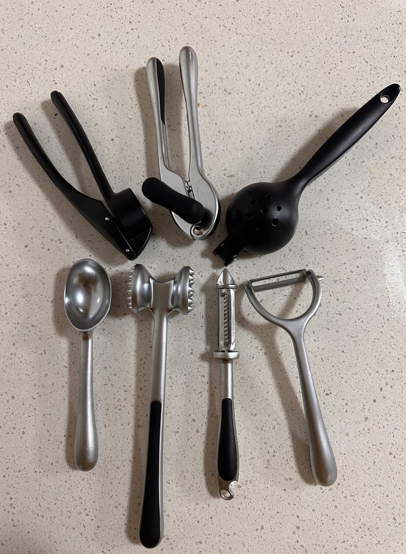 7 Piece Kitchen Gadgets Set with  peeler, Can opener, Beef Hammer, Ice Cream Spoon,Three head Wire Shaver,Galic Press, Lemon Press