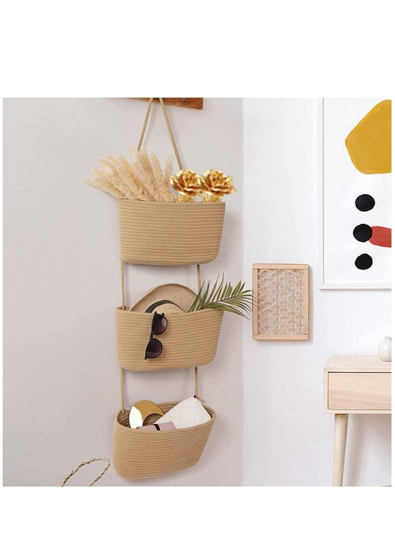 3-Tier Woven Cotton Wall-Mounted Storage Jute Organizer Bag