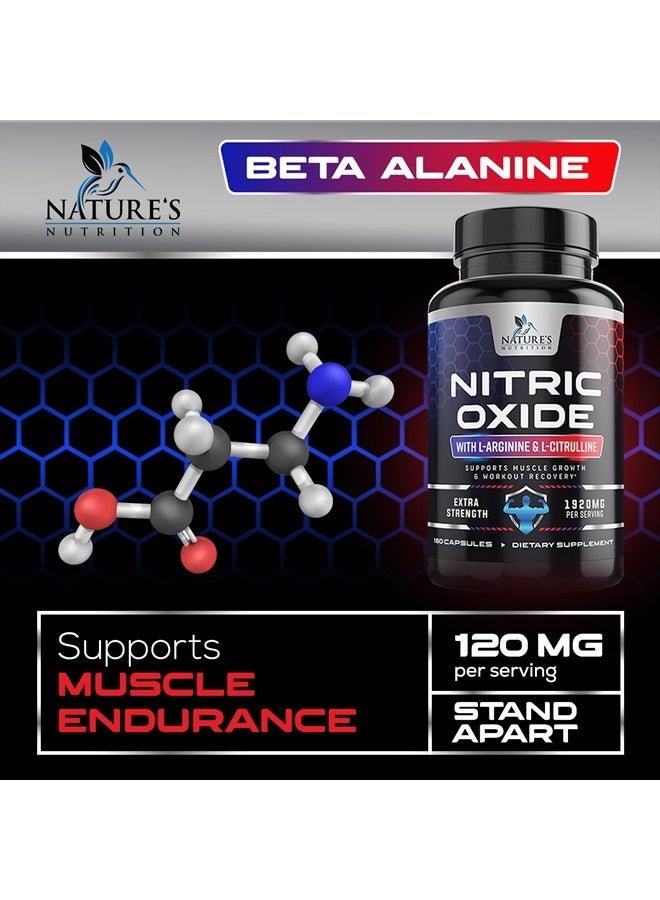 Extra Strength Nitric Oxide Supplement L Arginine 3X Strength - Citrulline Malate, AAKG, Beta Alanine - Premium Muscle Supporting Nitric Oxide Booster for Strength & Energy - 180 Nitric Oxide Capsules