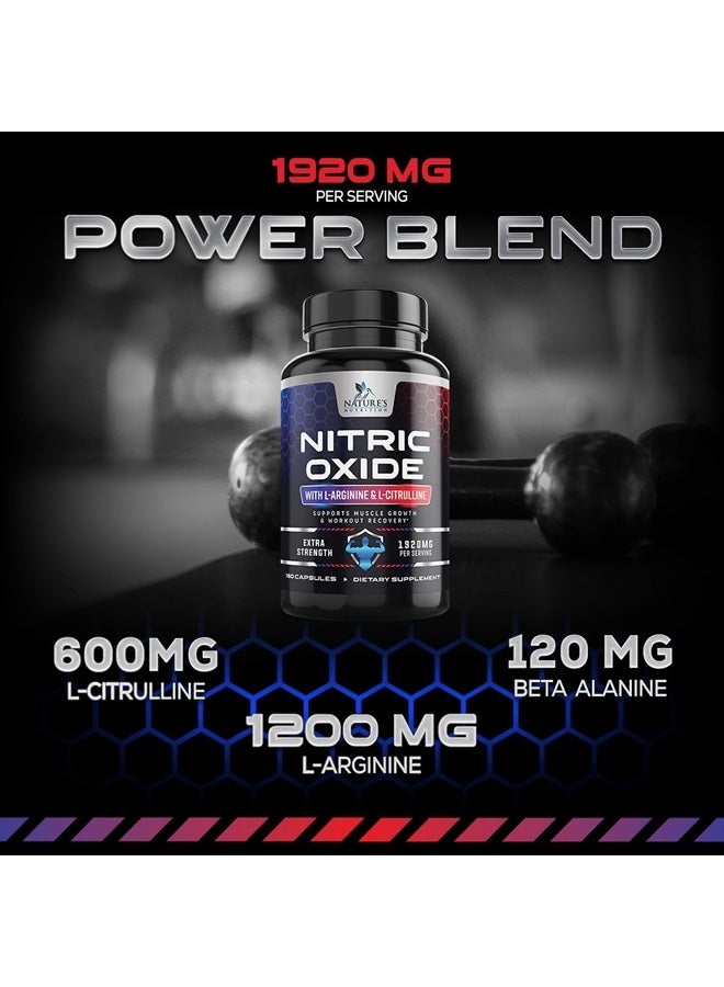 Extra Strength Nitric Oxide Supplement L Arginine 3X Strength - Citrulline Malate, AAKG, Beta Alanine - Premium Muscle Supporting Nitric Oxide Booster for Strength & Energy - 180 Nitric Oxide Capsules