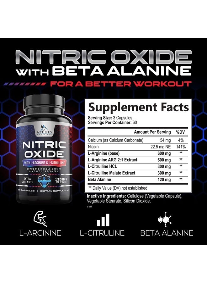 Extra Strength Nitric Oxide Supplement L Arginine 3X Strength - Citrulline Malate, AAKG, Beta Alanine - Premium Muscle Supporting Nitric Oxide Booster for Strength & Energy - 180 Nitric Oxide Capsules