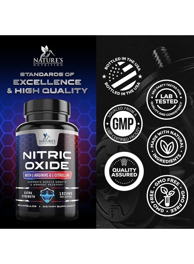 Extra Strength Nitric Oxide Supplement L Arginine 3X Strength - Citrulline Malate, AAKG, Beta Alanine - Premium Muscle Supporting Nitric Oxide Booster for Strength & Energy - 180 Nitric Oxide Capsules