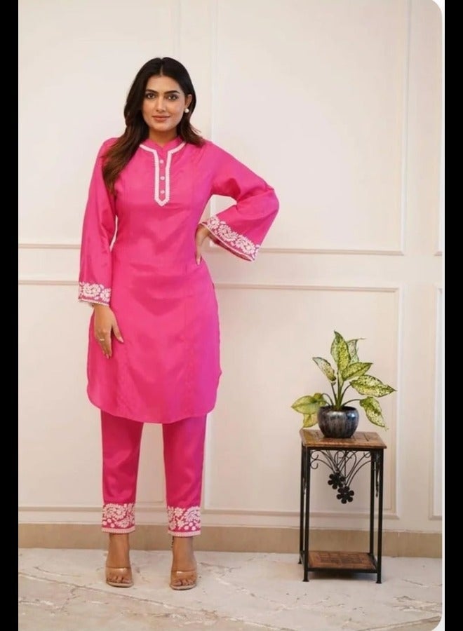 Pure Rayon Pink Embroidery Cord Set