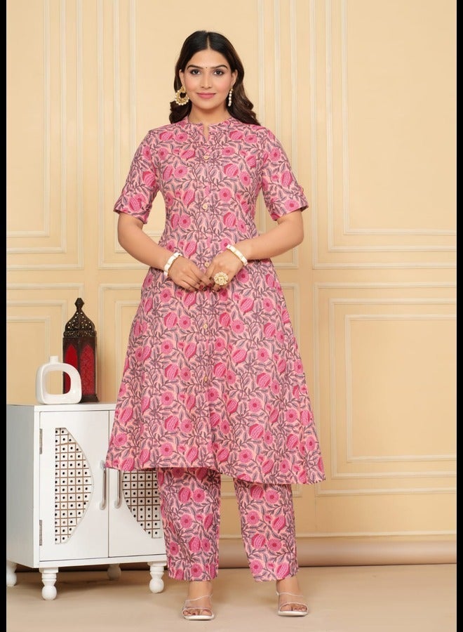 Pink Cotton Kantha Work Digital Print Co-Ord Set