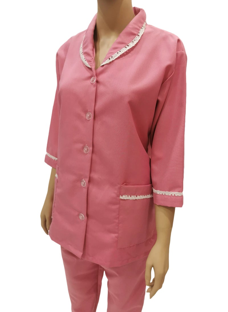 Domestic Helper Uniform Elegant Kolcha Design Pink House Maid Uniform Set Top and Pants