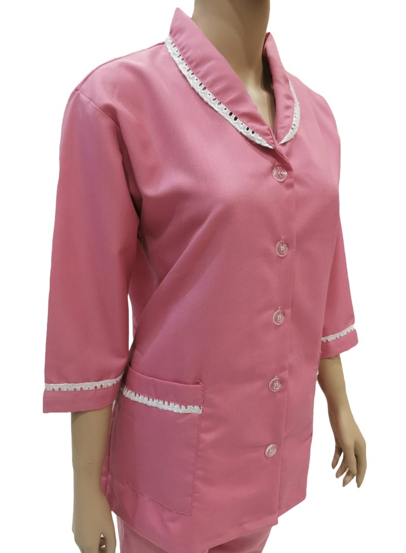 Domestic Helper Uniform Elegant Kolcha Design Pink House Maid Uniform Set Top and Pants