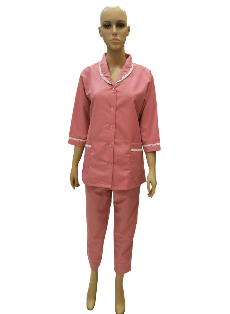Domestic Helper Uniform Elegant Kolcha Design Pink House Maid Uniform Set Top and Pants